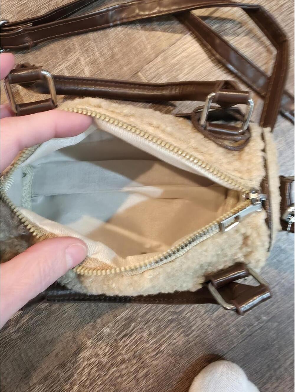 Hello Kitty Faux Shearling Barrel Crossbody Bag - Beige and Brown - Picture 4 of 8